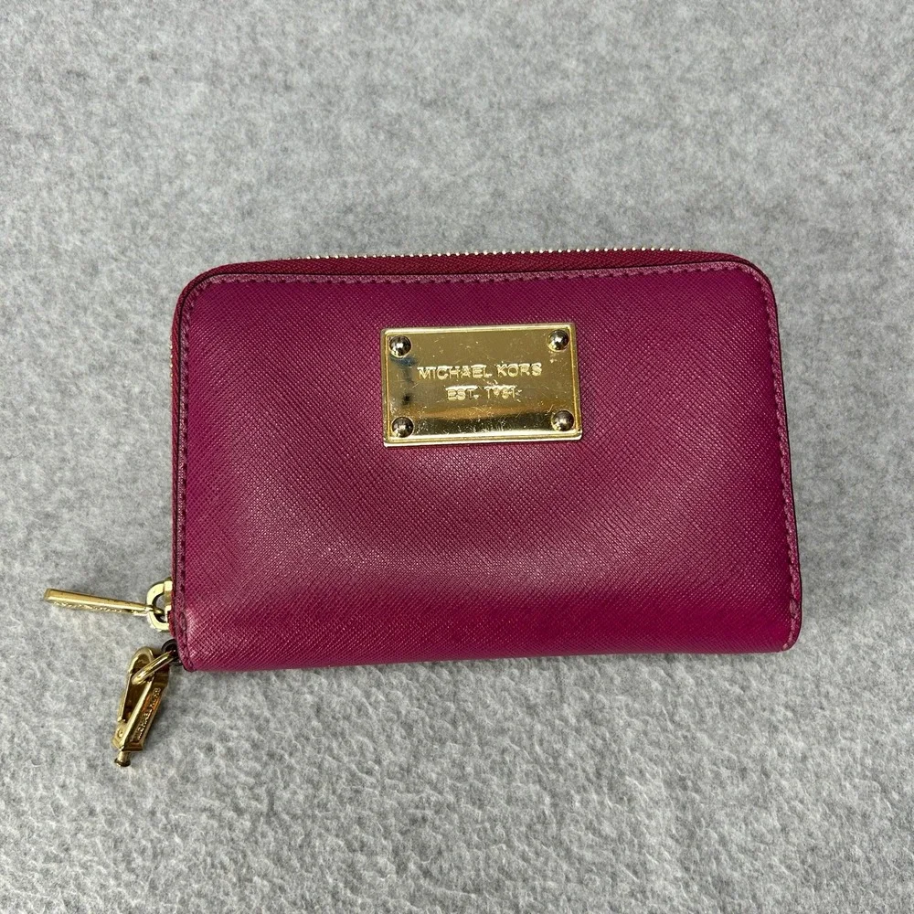 Michael Kors Plum Pink Leather Zip Around‎ Small Card Case Wallet Gold Hardware